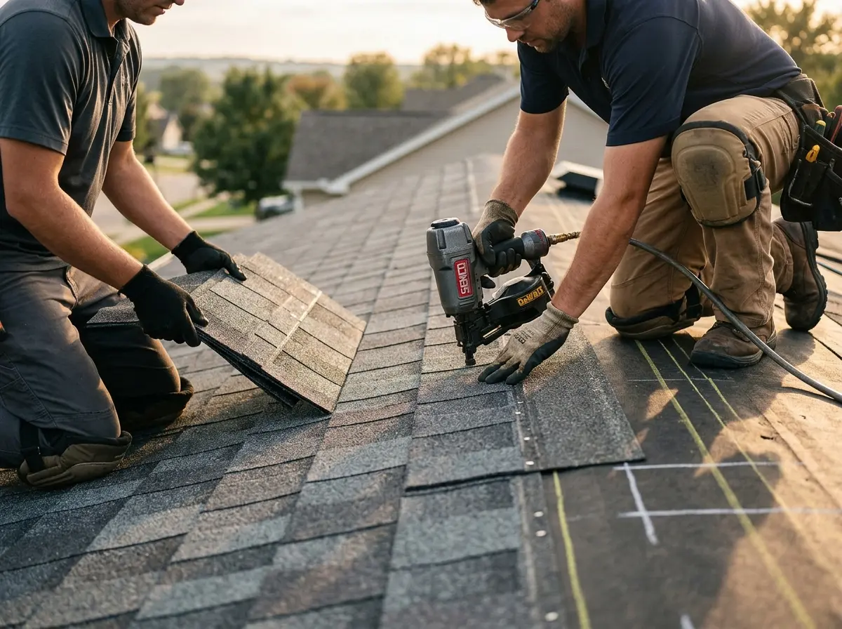 Professional roofer working on a residential roof in Fort Belvoir